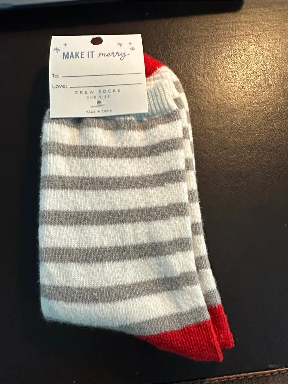 LOFT Gray & White Striped Crew Socks with Red Accents